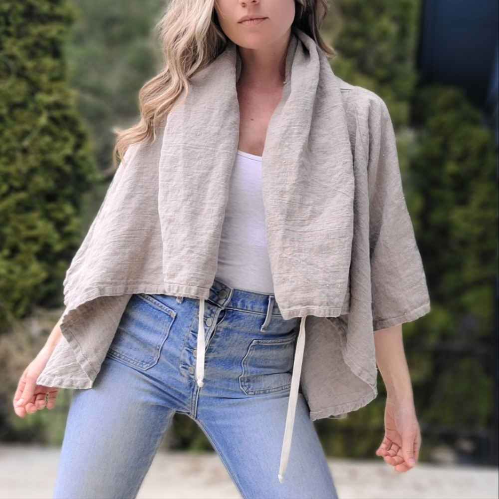 The Hadleigh 100% Linen Natural Tan Cream Shrug Wrap by bryn Walker Sz L